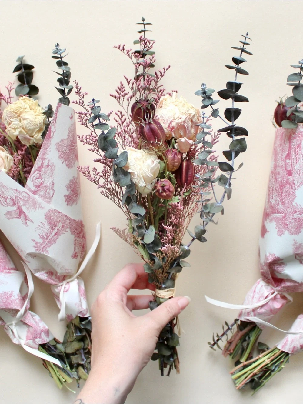 Roxanne's Dried Flowers Pink Toile Bouquet